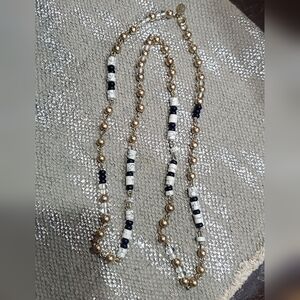 Ann Taylor Loft, Elegant Gold, Navy, White Marble & Clear Beaded Necklace 32"
